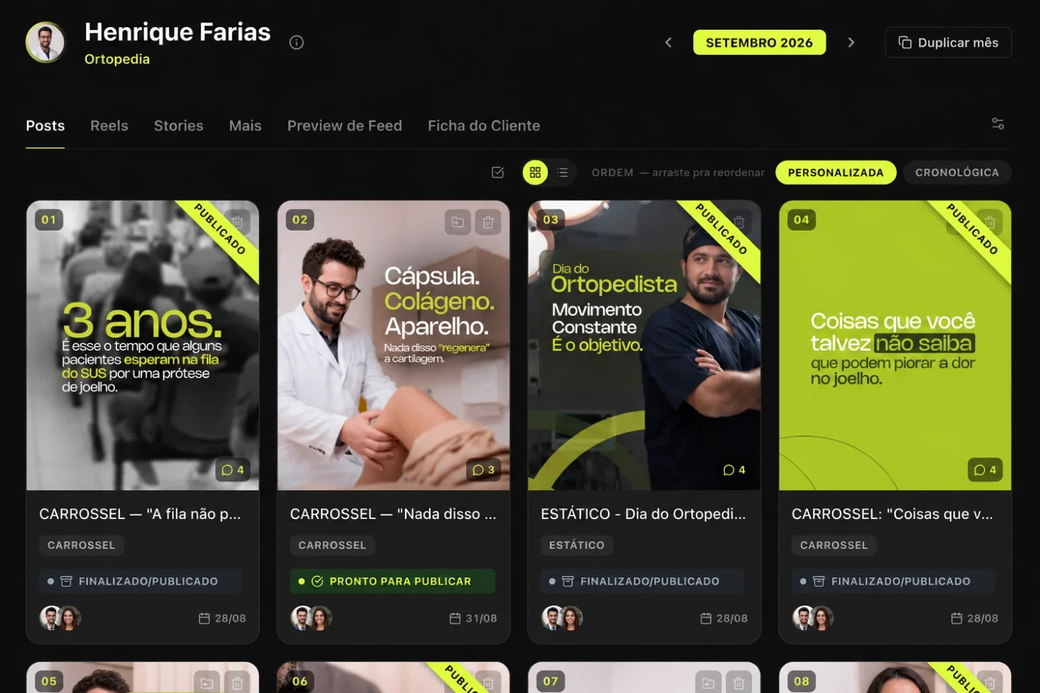 Board de posts de um cliente no Modo Criador